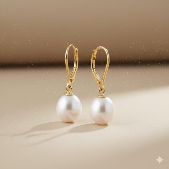 18k Gold Natural Freshwater Pearl Earrings, Single Pearl Earrings, Dropped Pearl - Picture 4 of 6